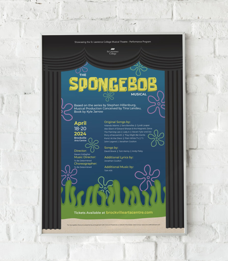 Deep blue water background with black theatre curtains. Bright yellow sponge textured text with seaweed along the bottom and bright purple and green coloured flowers scattered throughout the background. Poster is in a white frame hung on a white brick wall.